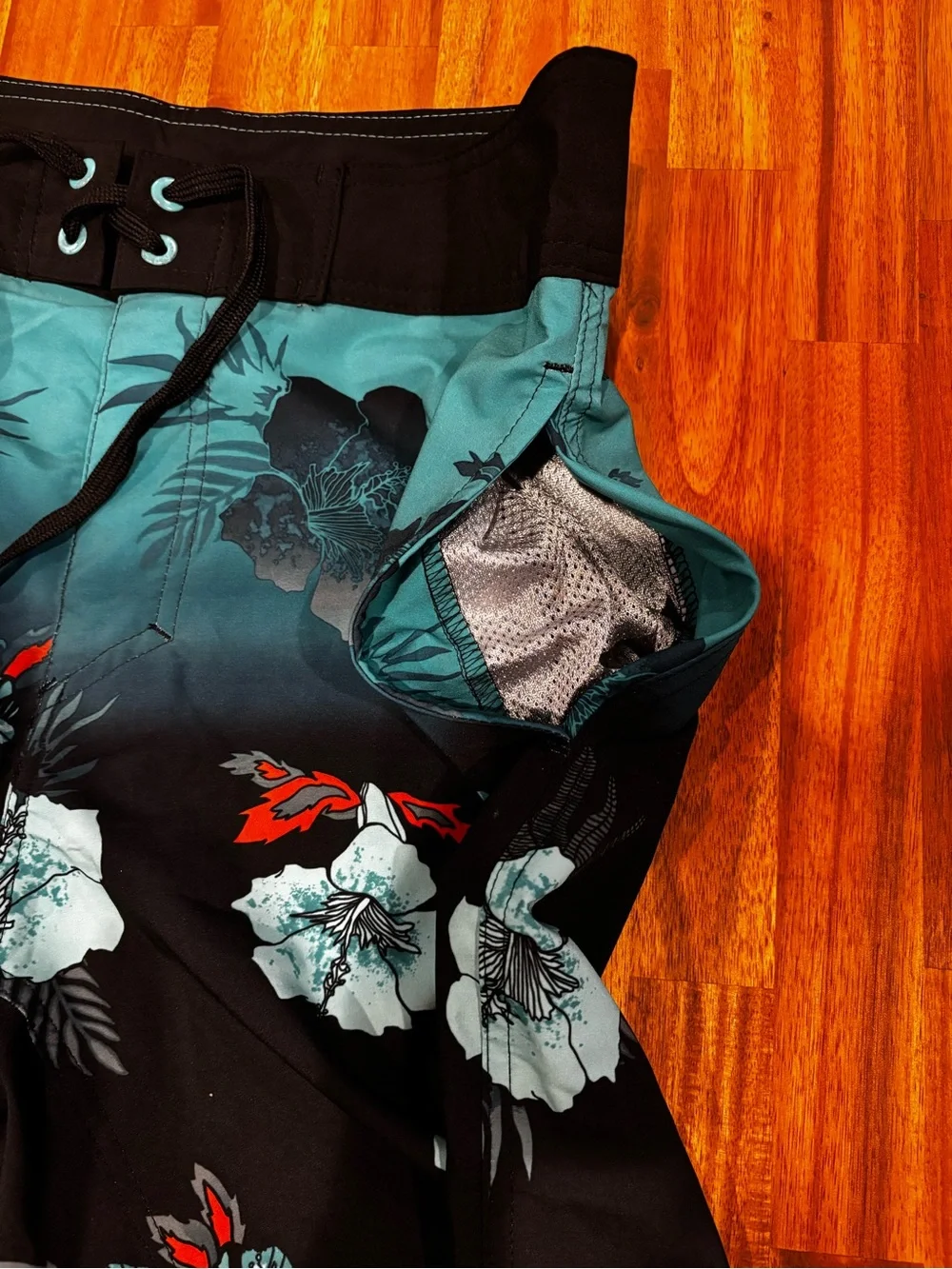 Burnside Men's Black & Teal Tropical Floral Swim Trunks Drawstring Waist 30